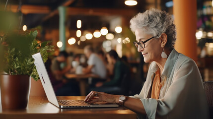 An elderly woman in a cafe using a laptop side view