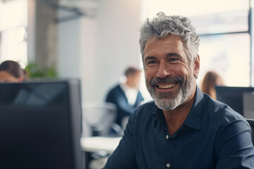Businessman or worker smiling in front of computer in the office