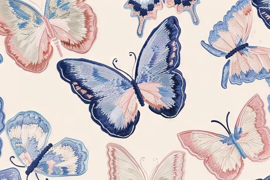 Delicate Pastel Butterfly Embroidery Seamless Pattern, Fabric Textile Design
