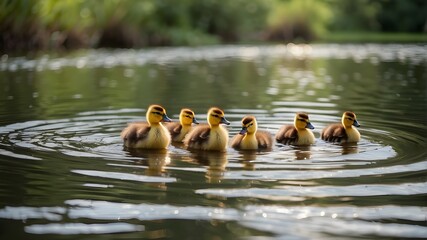 A family of fluffy ducklings following their mother as they paddle across a tranquil pond - obrazy, fototapety, plakaty