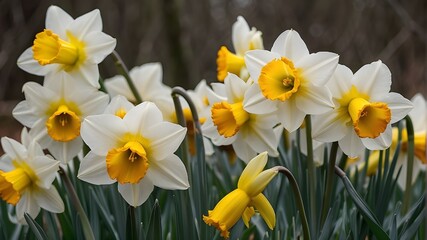 A cluster of daffodils swaying in the breeze, their golden trumpets heralding the arrival of spring