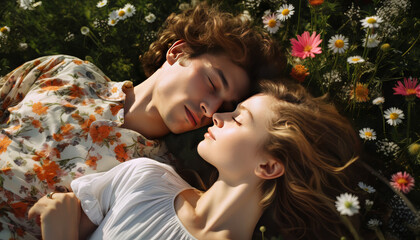 Couple resting in a flower garden background