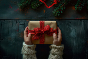 A New Year's gift in the hands of a child. AI generated
