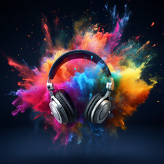 Headphones in paint powder explosion background