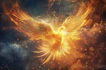 Enchanting portrayal of a divine phoenix, rising from the ashes of the universe, representing eternal rebirth and renewal