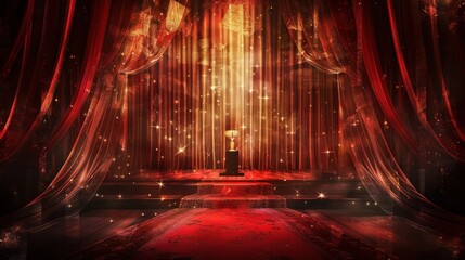 This design features a red maroon and golden curtain stage background with a trophy on a red carpet - obrazy, fototapety, plakaty