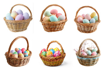 Fototapeta na wymiar Set of basket of easter eggs in soft pastel colors isolated on transparency background PNG