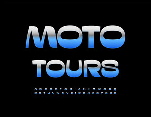 Vector cool Sign Moto Tours. Modern Silver Font. Exclusive Metallic Alphabet Letters and Numbers set.