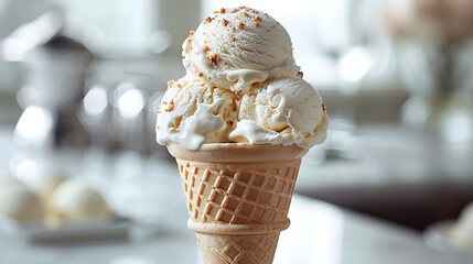 Perfectly scooped ice cream nestled in a crisp cone takes center stage against a clean white backdrop, promising a delightful indulgence for those with a sweet tooth