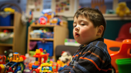 A profile shot of a three-year-old boy with Down syndrome playing with toys in a room