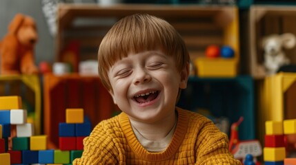 A young boy with Down syndrome, aged three, is laughing joyfully while sitting in front of a pile of colorful blocks
