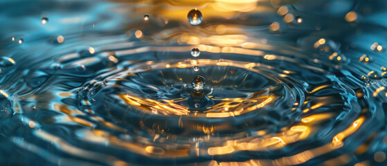 A close-up shot of a water droplet in the center, with ripples and waves around it, symbolizing motion and energy - obrazy, fototapety, plakaty