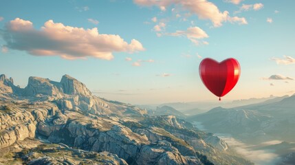 Fototapeta premium A red heart-shaped balloon is soaring high above a majestic mountain landscape.