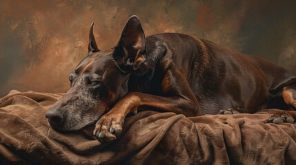 a tender hyperrealistic scene of a Doberman Pinscher peacefully sleeping