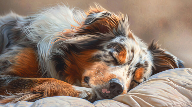 a tender moment with a hyperrealistic image of an Australian Shepherd sleeping