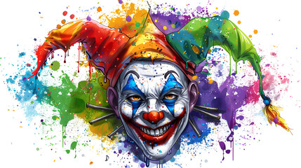 T-shirt Design, Joker Head with rainbow colors splashes on isolated white background,, 1 April, April Fool concept, Generative Ai
