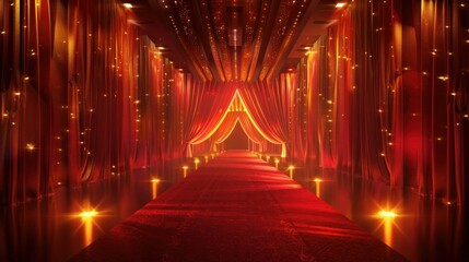 The background for an award stage is red maroon and golden, with a trophy on a luxurious red carpet.