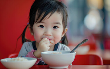 A cute little girl with black hair eating red bean porridge at an open-air restaurant table with a spoon and bowl of soup on the tabletop