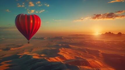 A vibrant hot air balloon glides gracefully in the sky above a majestic mountain range, showcasing breathtaking views of rugged peaks and valleys.