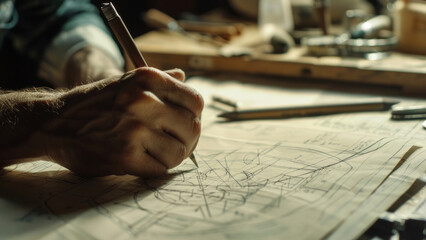 Person's hand drafting intricate blueprints with a focus on detail.