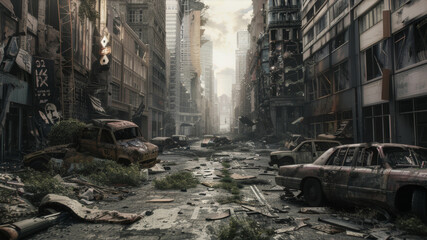 Apocalyptic urban landscape with deserted streets and dilapidated buildings.