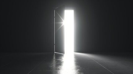 A concept image of an open door emitting a bright light in a dark room, symbolizing hope, opportunity, or discovery. - obrazy, fototapety, plakaty