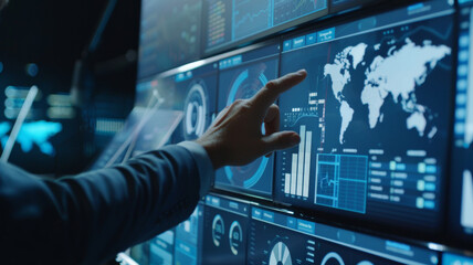 A hand interacts with global data on a futuristic touchscreen interface.