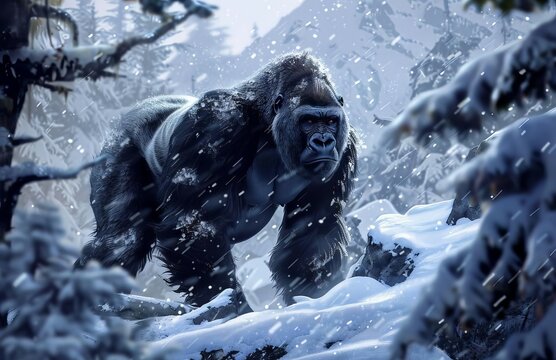 Majestic Gorilla Trekking Through Snowy Mountain Forest, Realistic Winter Wildlife Digital Painting