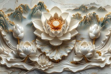 Fototapeta na wymiar 3D illustration of a luxurious lotus wallpaper with a golden pattern line art 