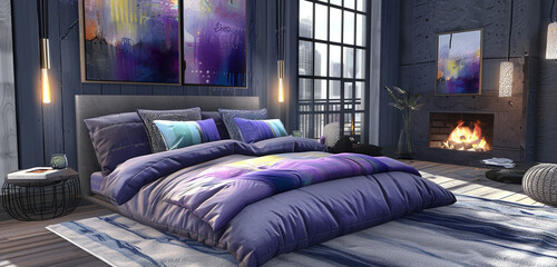 Lavender blue bedding, abstract pillows, contemporary loft fireplace.