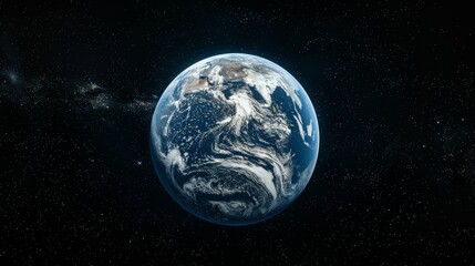 The image depicts a photo-realistic Earth suspended in space. The planet is prominently featured, glowing with various shades of blue, green, and brown. - obrazy, fototapety, plakaty