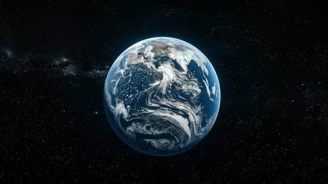The image depicts a photo-realistic Earth suspended in space. The planet is prominently featured, glowing with various shades of blue, green, and brown.