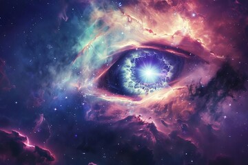 Mysterious Giant Eye Floating in Cosmic Space, Surreal Concept Illustration of Celestial Omniscience