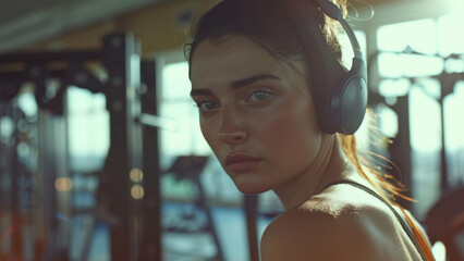 Determined woman with headphones takes a break during a gym workout, sunlight accentuating her focus.