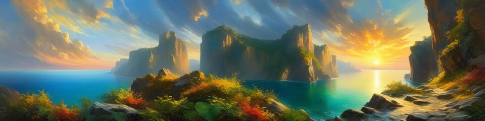 Futuristic midsummer mountain landscape of cliff in the sea with sea sunset background. Abstract background for design.	