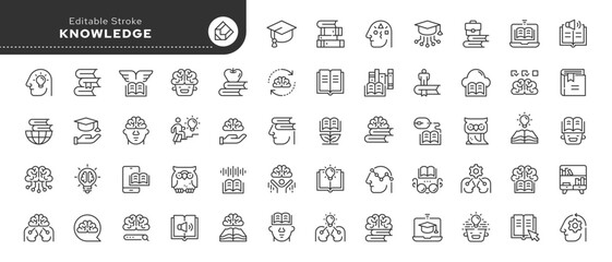 Fototapeta na wymiar Set of line icons in linear style. Series - Knowledge and cognition. Education, studying books, developing intelligence. Outline icon collection. Conceptual pictogram and infographic