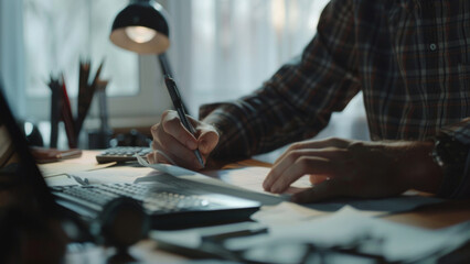 Designer sketches on a tablet in a dark home office, the ambient light highlighting his creative process.