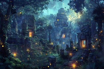 Mystical Enchanted Forest with Glowing Fireflies and Ancient Ruins, Mayan Culture Inspired Fantasy Landscape Digital Painting