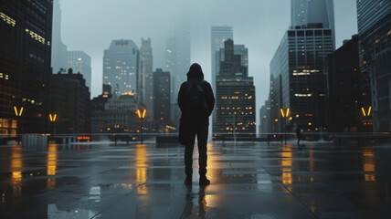 A lone figure stands enveloped in the moody glow of a rainy urban nightscape.