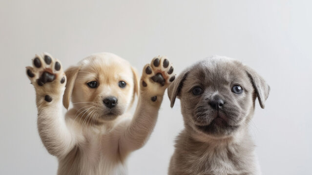 Two adorable puppies raising paws as if waving hello, evoking playfulness.
