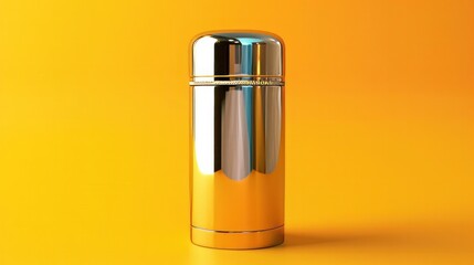 A fashionable metal tube containing cream on a yellow backdrop.