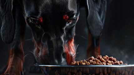 the anticipation of mealtime with a hyperrealistic image of a Doberman Pinscher eating kibble from a dog bowl.