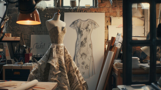 A sophisticated mannequin dressed in an elegant gown amid a dressmaker's studio.