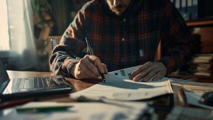 Man focused on finance, pen in hand, amidst a sea of paper under warm light.