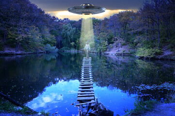 UFO hovered over a girl standing on the bridge of a mountain lake