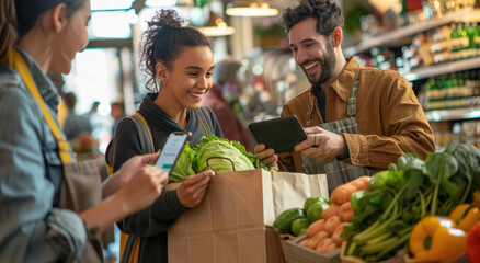 A happy customer with a paper bag full of vegetables is paying at the market counter using their credit card to make an online cashless payment - obrazy, fototapety, plakaty