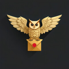 The golden owl logo on a black background holds gbcmvj in its paws. AI generated