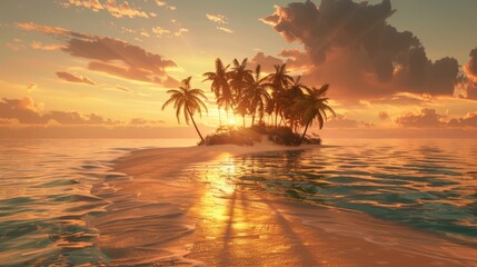 A tropical island with lush palm trees surrounded by crystal-clear ocean water. The island is basking in the sunlight, with its sandy beaches visible. The palm trees sway gently in the breeze