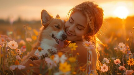 Woman in gentle embrace with her joyful corgi amidst a field of wildflowers at sunset
