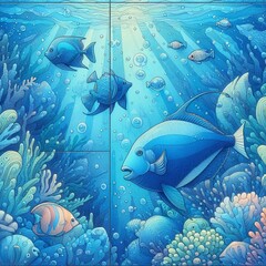 Fototapeta na wymiar illustrated underwater scene with fish in blue water that almost looks tiled